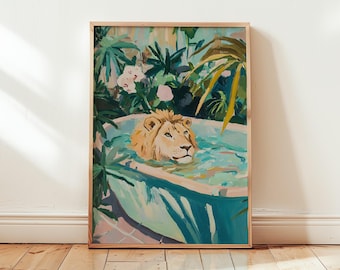 Playful Lion in Bathtub Poster Art Print - Vintage Oil Painting with Pastel Tones - Green Floral Minimalist Wall Art - Different Sizes