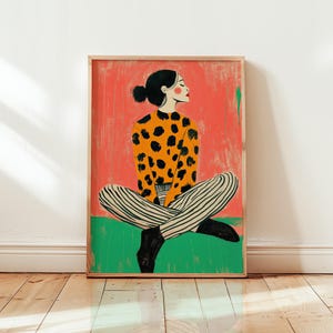 Póster de chica elegante con estampado de leopardo, ilustración colorida, arte de pared, pantalones a rayas y fondo verde rosa, diferentes tamaños