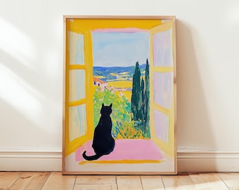 Minimalistic Black Cat Poster - Matisse inspired - Acrylic Painting of Cat in Tuscany Window - Pastel Colors Art Print - Different Sizes