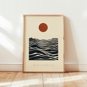 Bauhaus Poster Print Wall Art | Waves Moon Sea Blue Beige Orange | Different Sizes | Living Room | Mid Century Abstract - No Frame - Modern