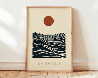 Peut inclure: Une affiche minimaliste avec un motif d'onde abstrait noir et blanc et un cercle rouge en haut. Le texte "BAUHAUS" est en bas de l'affiche.