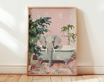 Pink Elephant Bath Poster - Bathtub Bathroom - Surreal Vintage Wall Art Print Oil Painting - Floral Decor for Home - Different Sizes