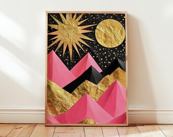 Sun Mountains Celestial Wall Art Print Poster - Art Deco Pink, Gold, & Black Paper Craft - Starry Night Decor Gift Funny - Different Sizes