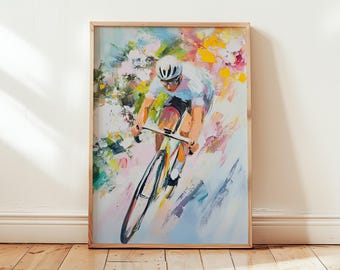 Cyclist in Motion Poster - Wall Art Print Elegant Oil Painting Style Bike Sport Road - Vibrant Pastel Colors Decor - Different Sizes
