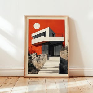 Bauhaus Poster Red Wall Art Print | Architecture House Building - No Frame - Mid Century Living Room | Modernist Art | Moon Geometric