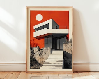 Bauhaus Poster Red Wall Art Print | Architecture House Building - No Frame - Mid Century Living Room | Modernist Art | Moon Geometric