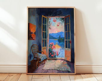Lake Como Sunset Poster - Vintage Room View with Monet-Inspired Wall Art Print - Impressionism Perfect for Home Decor - Different Sizes