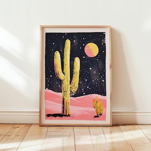 Minimalist Cactus Poster Print: Risograph Desert Illustration - Pink & Yellow - Comic Painting Vintage Wall Art - Different Sizes