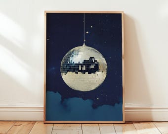 Retro Disco Ball Poster - Wall Art Print | Vintage Nightclub Dance Art | Party 70s Style Decor - Different Sizes - Dark Blue Silver