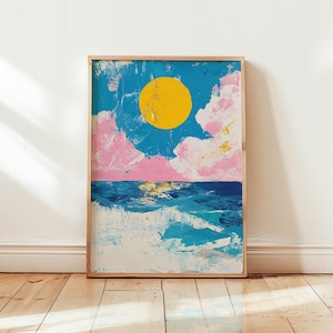 Minimalist Sea Abstract Sunshine Poster Wall Art Print - Modern Art with Pink Clouds & Yellow Sun - Perfect Home Decor - Different Sizes