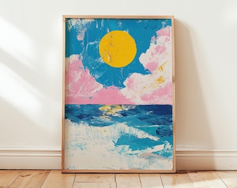 Minimalist Sea Abstract Sunshine Poster Wall Art Print - Modern Art with Pink Clouds & Yellow Sun - Perfect Home Decor - Different Sizes