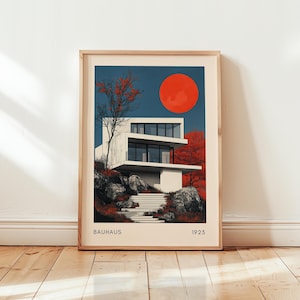 Bauhaus Poster Wall Art Print | Architecture House Building | BlueRed | Living Room - No Frame - Modern Art Design Minimal