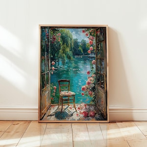Poster impressionista con vista sul lago - Rose in fiore e arte del ponte - ispirato a Henri Matisse - Un arredamento sereno per la tua casa - Diverse dimensioni