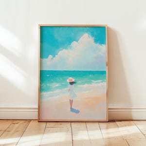 Póster de chica de playa, impresión artística de pared | Pintura al óleo con vista al mar, escena del océano en colores pastel, olas de arena en un día soleado | Decoración artística en color azul: distintos tamaños