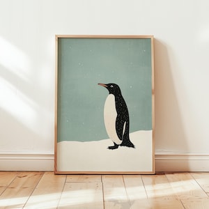 Poster minimalista con pinguino, stampa artistica da parete, colori tenui e design sereno per gli amanti della natura, verde neve, arte invernale calma - diverse dimensioni