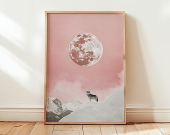 Wolf Sky Poster - Minimalist Snow Collage - Pastel Artwork Art Wall Print for Nature Lovers Snow Pink Moon - Different Sizes - Living Room