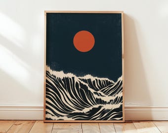 Bauhaus Poster Print Wall Art | Sea Japanese Moon Waves Orange Blue | Abstract Minimalist - No Frame - Modern Trendy Living Room