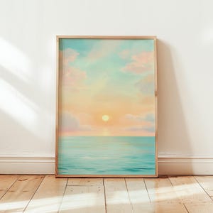 Stampa artistica con poster tramonto pastello sull'oceano - Illustrazione artistica di pittura con vista sul mare e sole - Stampa regalo con scena di spiaggia tranquilla - Diverse dimensioni