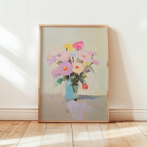Cartel minimalista de flores en colores pastel - Pintura al óleo de jarrón acuático - Colores suaves y pinceladas - Diferentes tamaños - Sala de estar de regalo azul claro