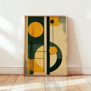Könnte beinhalten: Abstrakter geometrischer Kunstdruck mit einem Farbschema in Gelb, Grün und Creme. Der Druck zeigt sich überlappende Kreise und Rechtecke.