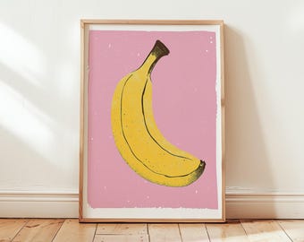 Minimalist Banana Risograph Wall Art Print - Pop Art Work Handmade Doodle Poster Modern Yellow - Pink Background Art - Different Sizes
