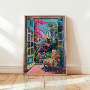 May include: A painting of a colorful, floral-filled patio with a view of a palm tree and a blue sky. A wicker chair with a floral patterned cushion sits in the foreground.