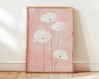 Delicate White Poppy Watercolor Poster Wall Print - Pastel Simple Painting Vintage Minimalist Floral Art in Soft Pink - Different Sizes