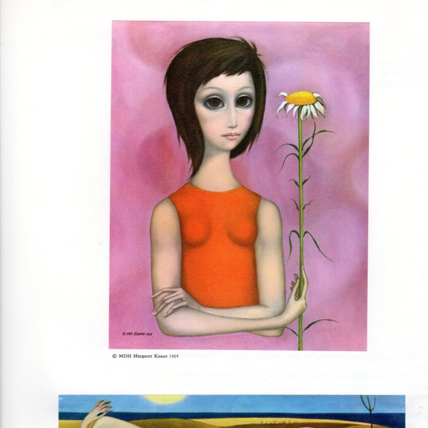 A Margaret Keane Big Eye Girl Lithograph Print Two Small Prints on One Page Girl with Flower and Beach Scene