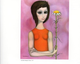 A Margaret Keane Big Eye Girl Lithograph Print Two Small Prints on One Page Girl with Flower and Beach Scene