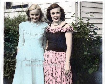 Vintage Colorized LARGE Photograph of Two Young Women in Formal Gowns 8 x 10