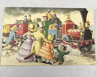 The Train Ride Dressed Cats Postcard Alfred Mainzer Anthropomorphic Cats Postcard #4726