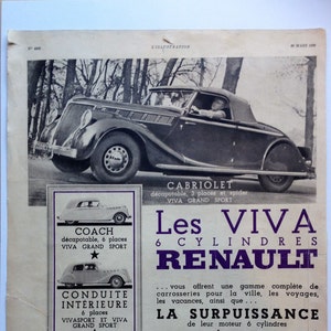 French Ad 1938 RENAULT Large Original Automobile Advertisement to Frame