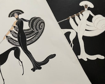 ERTE Art Deco Two Vintage Prints Ebony White Book Plates