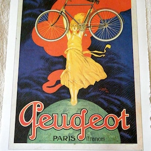 Vintage Bicycle Poster 1922 Peugeot Bicycles Woman Holding Bike Up Poster Size Book Plate
