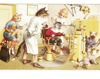 Pulling Teeth Dentist Dressed Cats Postcard Alfred Mainzer Anthropomorphic Cats Postcard #4990