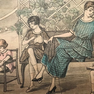 May include: A vintage illustration of four people sitting on a bench and a chair in a garden setting. The woman in the center is wearing a blue and white checkered dress and holding a knitting needle. The woman on the left is wearing a brown dress and holding a piece of fabric. The child on the left is wearing a pink dress and holding a ball. The child on the right is wearing a striped shirt and holding a pencil.
