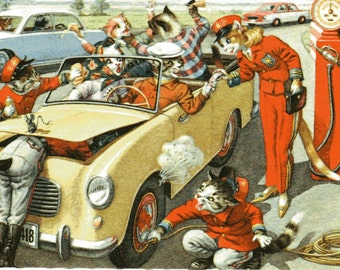 Gas Station Pumping Gas Dressed Cats Postcard Alfred Mainzer Anthropomorphic Cats Postcard #4966