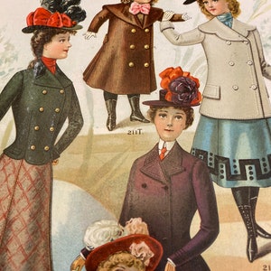 May include: A vintage illustration of five people wearing winter coats and hats. The illustration is in a style reminiscent of early 20th century fashion. The people are all wearing different styles of coats and hats, and some are holding accessories like gloves and umbrellas.