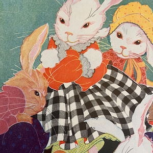 May include: Three white rabbits with pink ears and noses, one wearing a red and black checkered dress, another wearing a yellow hat and a blue scarf, and the third wearing a purple dress. The rabbits are sitting on a green background.