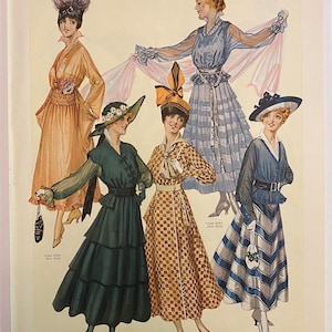 May include: An illustration from The Delineator for April 1916, featuring five women in early 20th-century dresses and hats. The dresses are in various colors and patterns, including a tiered green dress and a checkered brown dress. The hats are elaborate.