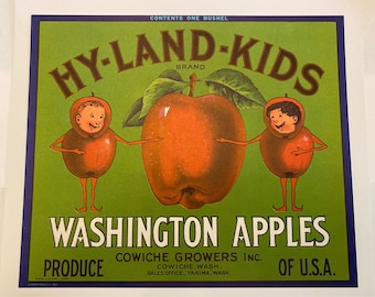 Label Art HY-LAND-KIDS Washington Apples  Original crate label from Cowiche Growers