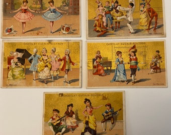 DANCES Set of 5 Antique French Chromos Chocolat Advertising Trade Cards Dancing