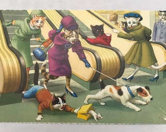 Cats Escalator Chaos Dressed Cats Postcard 4714 Alfred Mainzer Anthropomorphic Cat Postcard