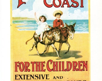 Yorkshire Coast Vintage Travel Poster, Children Riding Donkeys Print