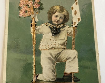 French Postcard Child on Swing Bonne Fete Hand Tinted Picture Postcard