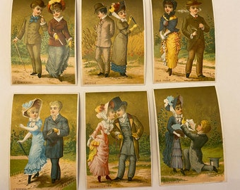 Antique French Trade Cards Set of 6 Couples Courting to Quarreling to Love 1800s