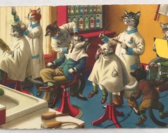 Cats at the Barber Shop Dressed Cats Postcard 4880 Alfred Mainzer Anthropomorphic Cat Postcard