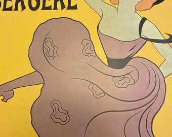 May include: A vintage poster advertising "Folies Bergère" with a woman in a pink dress and black hat, pointing to the right. The text "Folies Bergère" is in black lettering on a yellow background. The text "s les Soirs" is in black lettering at the bottom of the poster.