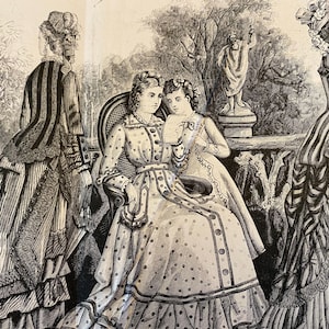 1870s Summer Costumes Antique Fashion Magazine Plate Original Antique Large Victorian Era Women in Dresses Historical August 1874