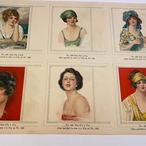 May include: A vintage print featuring six portraits of women, each framed and set against a cream-colored background. The portraits showcase women in various hats and attire, with a focus on the early 20th-century fashion. The print includes text with sizes.